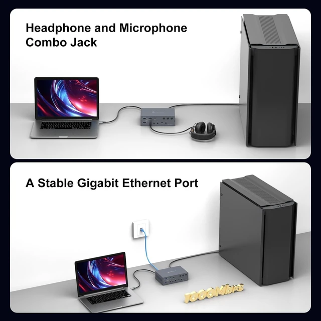 Alt view image 4 of 5 - KVM Switch 2 Monitors 3 Computers Docking Station USB C + HDMI/DP Input with 100W PD, 4K60Hz/4K120Hz Displayport HDMI Dual Monitor for Laptop and Desktop Share 13-in-1 Dock Aluminum Case Plug and Play