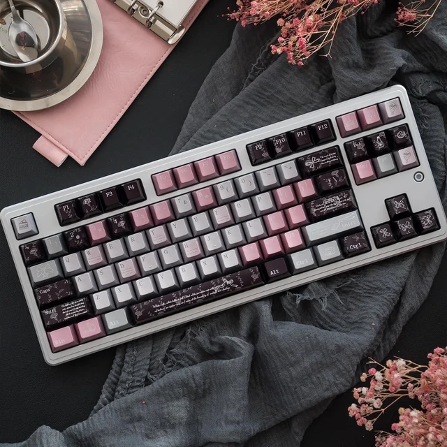 Alt view image 3 of 5 - Metal Paint PBT Keycaps, 129 Keys Black Pink Cherry Profile Keycap Set