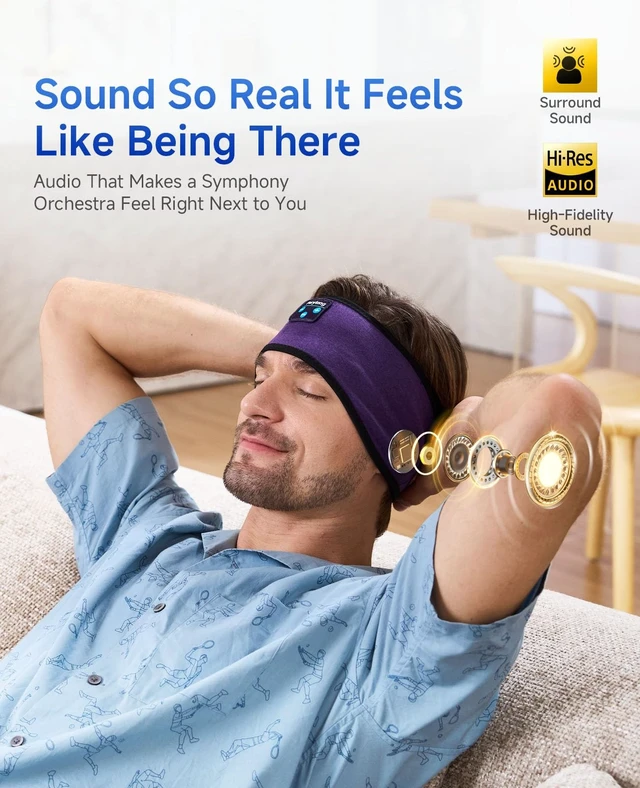 Alt view image 3 of 5 - Sleep Headphones Bluetooth Headband - Fall Asleep in Your Favorite Tunes with 14H Playtime, HD Stereo for Side Sleepers, Workout, Yoga & Travel - The Gift for Men & Women Who Love Music & Comfort