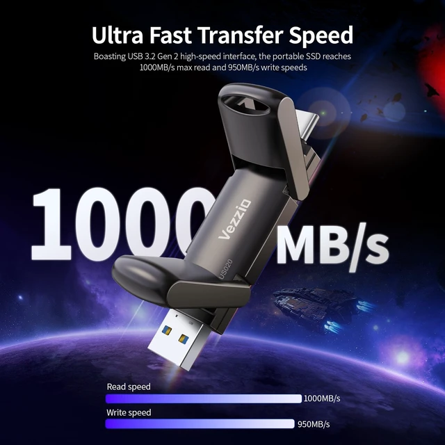 Alt view image 3 of 5 - Vezzio 256GB USB C Flash Drive, USB 3.2 Gen2 Stick, Portable SSD 1000MB/s