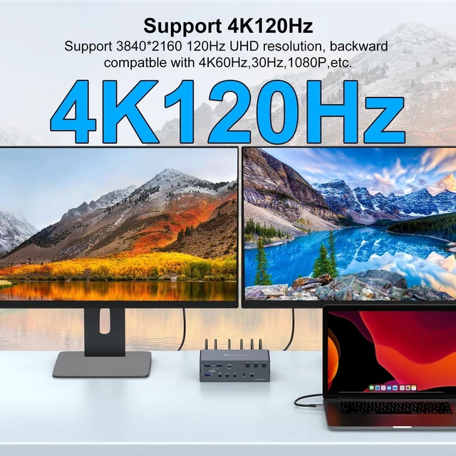 Alt view image 3 of 5 - KVM Switch 2 Monitors 3 Computers Docking Station USB C + HDMI/DP Input with 100W PD, 4K60Hz/4K120Hz Displayport HDMI Dual Monitor for Laptop and Desktop Share 13-in-1 Dock Aluminum Case Plug and Play