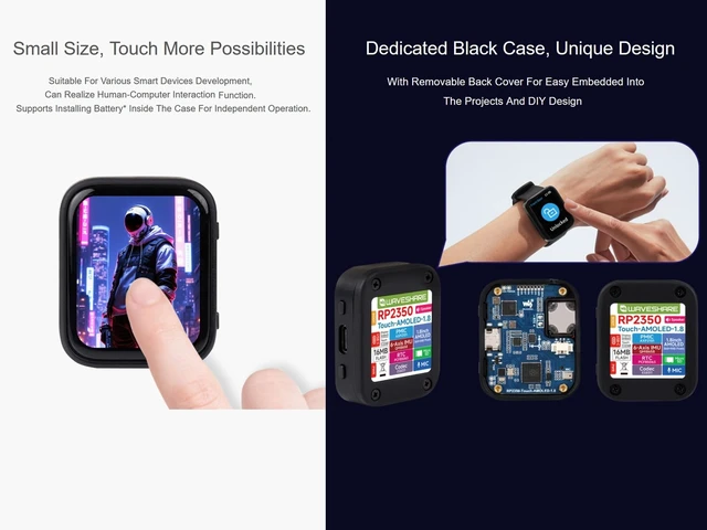 Alt view image 3 of 5 - RP2350 1.8inch AMOLED Touch Display Development Board, 368448 Pixels, 16.7M Color, Dual-core & Dual-Architecture Design, Support Audio Playback and Audio Input, Type-C Connector