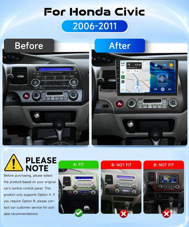 Alt view image 2 of 5 - 8 CORE 6G+128G Car Radio Stereo for Honda Civic 2006-2011 with Wireless CarPlay Android Auto, 10.1 Inch 1280 * 720P IPS Touch Screen Android 15 GPS 5Ghz-WiFi Bluetooth 32-Band DSP SWC Backup Ca
