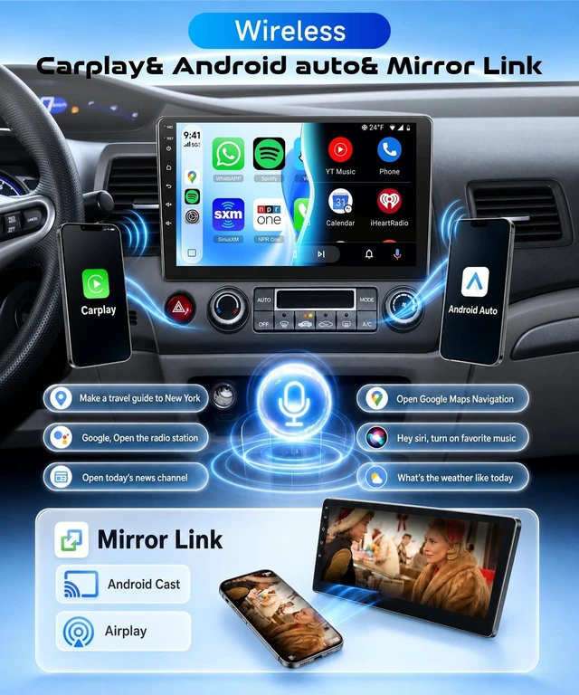 Alt view image 3 of 5 - 8 CORE 6G+128G Car Radio Stereo for Honda Civic 2006-2011 with Wireless CarPlay Android Auto, 10.1 Inch 1280 * 720P IPS Touch Screen Android 15 GPS 5Ghz-WiFi Bluetooth 32-Band DSP SWC Backup Ca