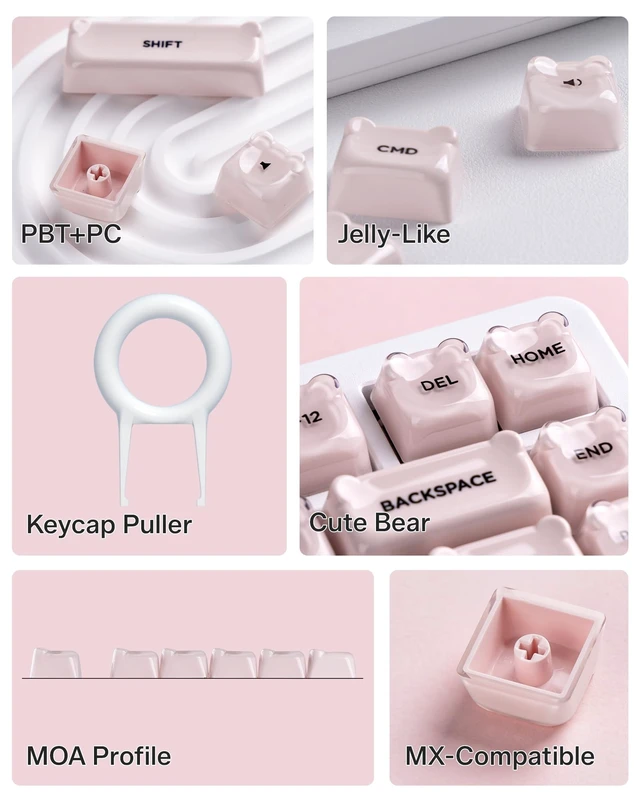 Alt view image 3 of 5 - Keyporia Lusterfly Jelly Keycaps Set, 129 Keys Cute Bear Crystal Key caps, MOA Profile, Compatible with 65% 75% 96% Full Size for Cherry Gateron MX Switches Mechanical Keyboard, Pink