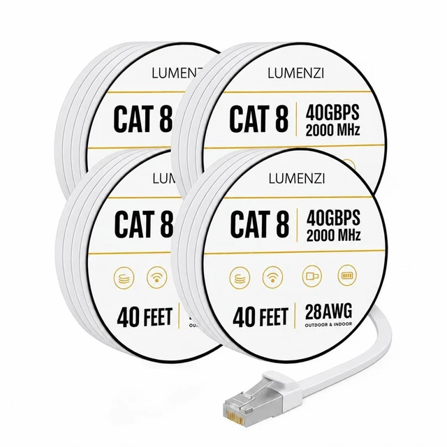 Main image of Lumenzi Cat8 Flat Ethernet Cable 40ft, 4 Pc Pack, 40Gbps 2000MHz Network Patch Cord, S/FTP Shielded LAN Cable, ETL Listed, RoHS Compliant, with RJ45 Connectors for Gaming, Router, Modem & Laptop