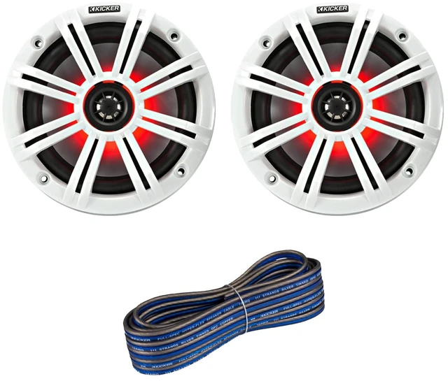 Main image of 1 Pair (Qty 2) of Kicker 6.5" 2-Way 195 Watts Max Power Coaxial Marine Audio Multicolor LED Speakers with White Grilles, 50-Feet 16 Gauge Speaker Wire
