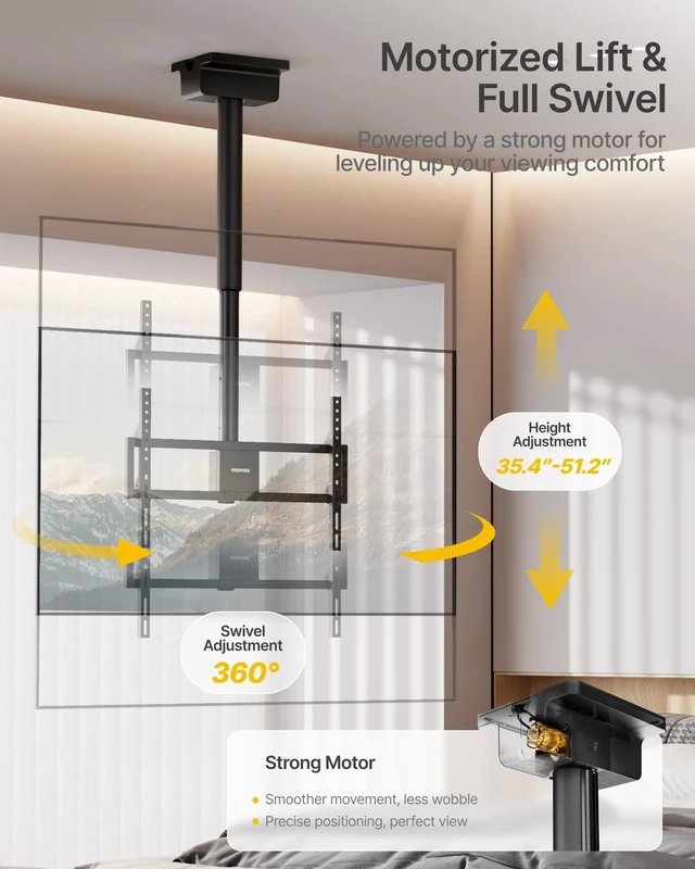 Alt view image 2 of 5 - monTEK Motorized Swivel Ceiling TV Mount, Motorized Height, 37-86 Inch TVs