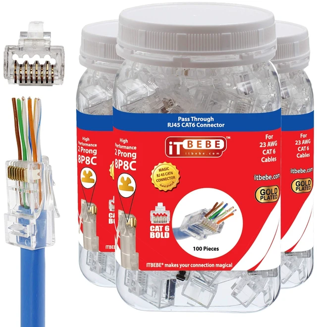 Main image of ITBEBE 300 Pieces RJ45 Cat6 cat6a Pass Through Connectors - Gold Plated Transparent Passthrough Ethernet Insert Crimp Connector UTP Network Plug for 23 AWG Cables