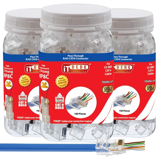 Alt view image 2 of 5 - ITBEBE 300 Pieces RJ45 Cat6 cat6a Pass Through Connectors - Gold Plated Transparent Passthrough Ethernet Insert Crimp Connector UTP Network Plug for 23 AWG Cables