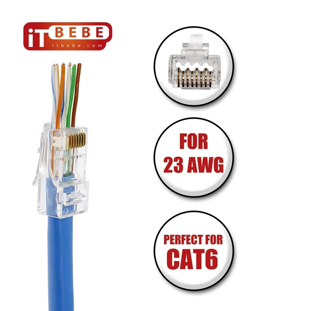 Alt view image 4 of 5 - ITBEBE 300 Pieces RJ45 Cat6 cat6a Pass Through Connectors - Gold Plated Transparent Passthrough Ethernet Insert Crimp Connector UTP Network Plug for 23 AWG Cables