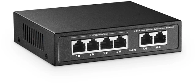 Main image of 6 Port Mini PoE Switch with 4 PoE+, 2 Uplink, 10/100Mbps Ethernet, 65W 802.3af/at PoE, Fanless Metal Plug & Play PoE+ YuLinca Network Switch