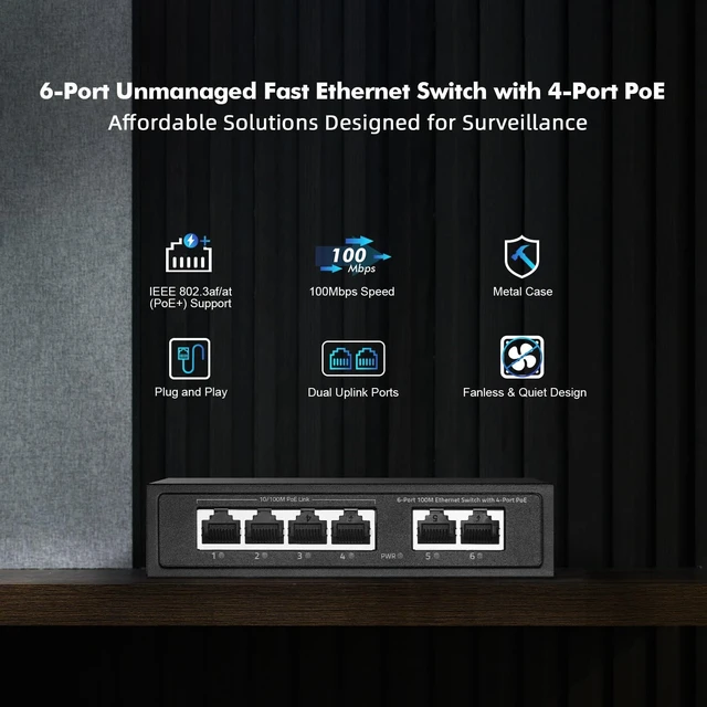 Alt view image 2 of 5 - 6 Port Mini PoE Switch with 4 PoE+, 2 Uplink, 10/100Mbps Ethernet, 65W 802.3af/at PoE, Fanless Metal Plug & Play PoE+ YuLinca Network Switch