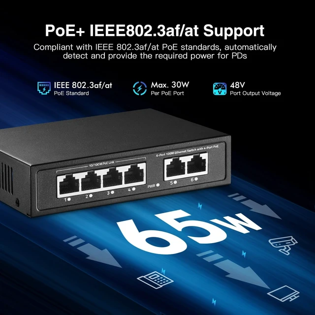 Alt view image 3 of 5 - 6 Port Mini PoE Switch with 4 PoE+, 2 Uplink, 10/100Mbps Ethernet, 65W 802.3af/at PoE, Fanless Metal Plug & Play PoE+ YuLinca Network Switch