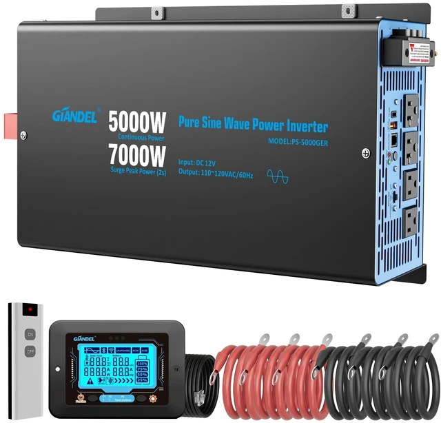 Main image of GIANDEL 5000W Pure Sine Wave Power Inverter 12V to 120V AC,7000W Max,Compatible with All 12V Batteries,Dua Remote,2x20Amps outlets,1x45amps Hardwire Ports,FCC Approved for RV Campers Off-Grid Solar