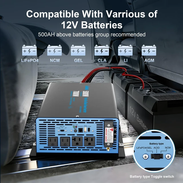 Alt view image 4 of 5 - GIANDEL 5000W Pure Sine Wave Power Inverter 12V to 120V AC,7000W Max,Compatible with All 12V Batteries,Dua Remote,2x20Amps outlets,1x45amps Hardwire Ports,FCC Approved for RV Campers Off-Grid Solar