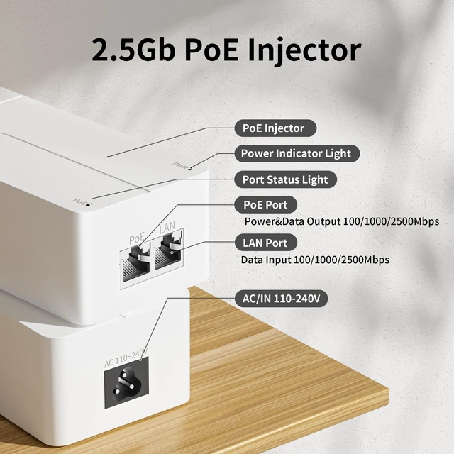 Alt view image 3 of 5 - 2.5G PoE++ Injector, 60W IEEE 802.3af/at/bt Injector Adapter, Up to 100m(328ft) Transmission, Plug & Play, 100/1000/2500Mbps, Wall Mountable for IP Camera, WiFi AP, IP Phone