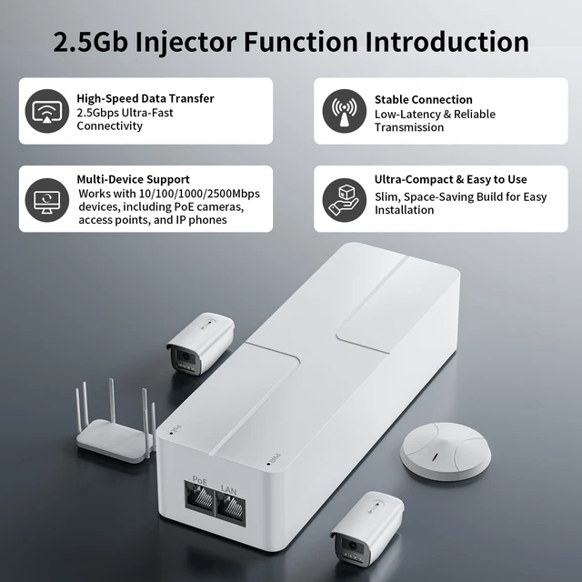 Alt view image 4 of 5 - 2.5G PoE++ Injector, 60W IEEE 802.3af/at/bt Injector Adapter, Up to 100m(328ft) Transmission, Plug & Play, 100/1000/2500Mbps, Wall Mountable for IP Camera, WiFi AP, IP Phone