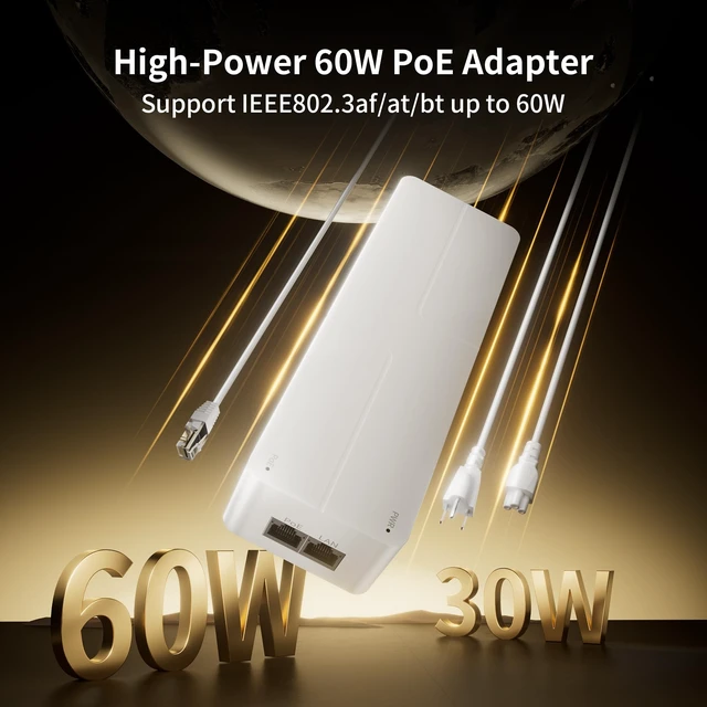 Alt view image 2 of 5 - 2.5G PoE++ Injector, 60W IEEE 802.3af/at/bt Injector Adapter, Up to 100m(328ft) Transmission, Plug & Play, 100/1000/2500Mbps, Wall Mountable for IP Camera, WiFi AP, IP Phone