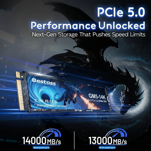 Alt view image 2 of 5 - Bestoss NVMe M.2 2280 SSD 4TB Internal PCIe 5.0,Up to 14000MB/s, DRAM Cache