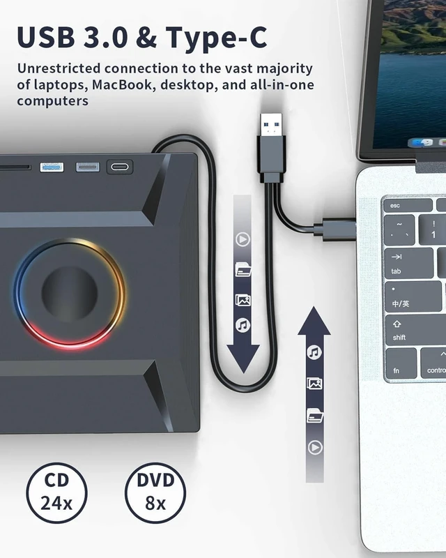 Alt view image 2 of 5 - 7 in 1 External CD DVD Drive, USB 3.0 and Type-C Disc Reader Burner Player