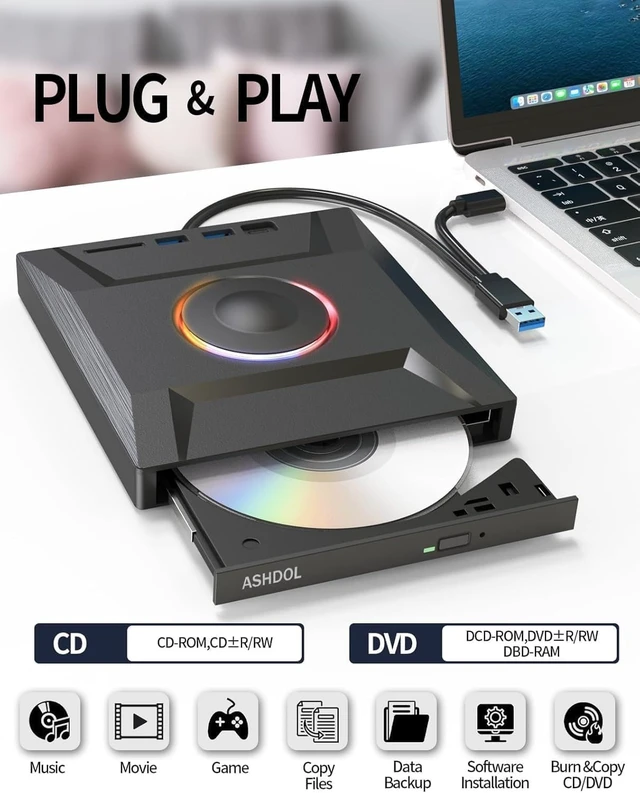 Alt view image 3 of 5 - 7 in 1 External CD DVD Drive, USB 3.0 and Type-C Disc Reader Burner Player