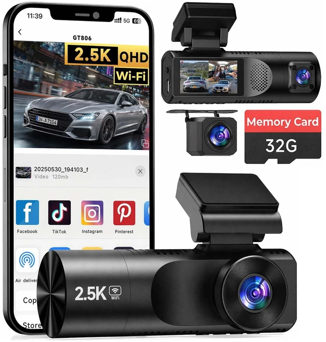 Main image of 3 Channel Dash Cam Front and Rear, 2.5K Dash Camera for Cars, IR Night Vision, 2.4G WiFi App Control, 24H Parking Mode, 2 IPS, G-Sensor, Loop Recording, Free 32GB Card Included (Carbon Black)