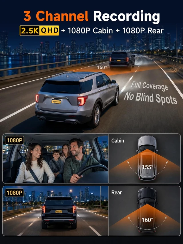 Alt view image 2 of 5 - 3 Channel Dash Cam Front and Rear, 2.5K Dash Camera for Cars, IR Night Vision, 2.4G WiFi App Control, 24H Parking Mode, 2 IPS, G-Sensor, Loop Recording, Free 32GB Card Included (Carbon Black)