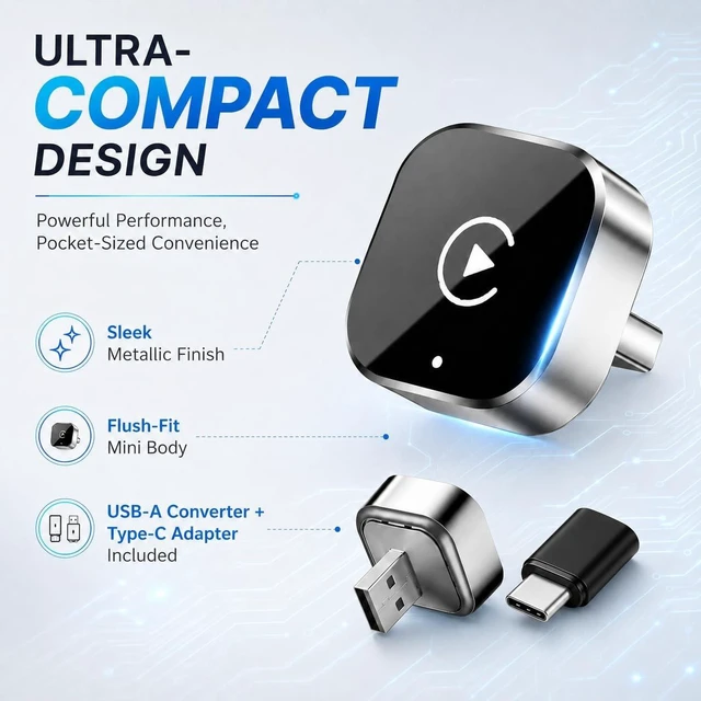 Alt view image 4 of 5 - ORLENTIS Wireless CarPlay Adapter, 2-in-1 Wired to Wireless CarPlay and Android Auto, Plug and Play, Fast Auto Reconnect, Mini Dongle with USB-A to USB-C Adapter