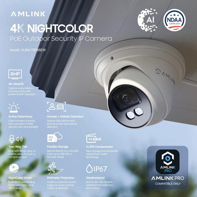 Alt view image 2 of 5 - AMLINK 2-Pack 4K/8MP Security AI IP PoE Camera, Human/Vehicle Detection, NDAA Compliant, Indoor Outdoor Surveillance Turret, 2-Way Audio, Support 256GB MicroSD, Deterrent, 2PACK-AL8M-T8198EW