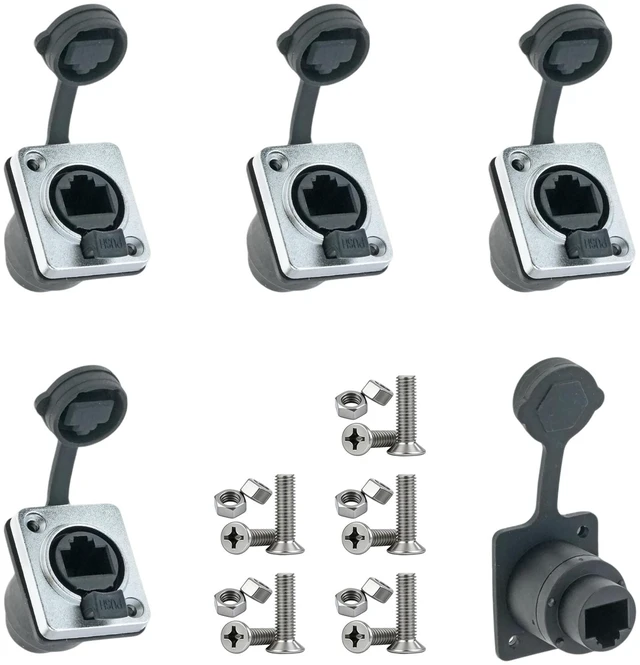 Main image of DvnJok 5-Pack RJ45 D-Type Panel Mount Ethernet Coupler, Female to Female Straight Through, Cat6/Cat5e/Cat5 Compatible with Dust Cover and Mounting Hardware (5-Pack Silver & Black)