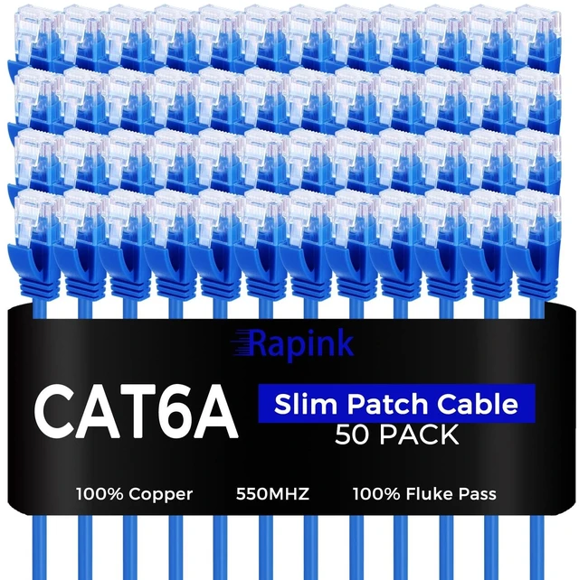 Main image of Rapink Patch Cables Cat6a 5ft (50 Pack) Slim, Cat6a Ethernet Patch Cable 10G Support, Snagless Cat 6 Patch Cable for Patch Panel to Switch, Flexiable Cat 6a Ethernet Cable with Gold Plated