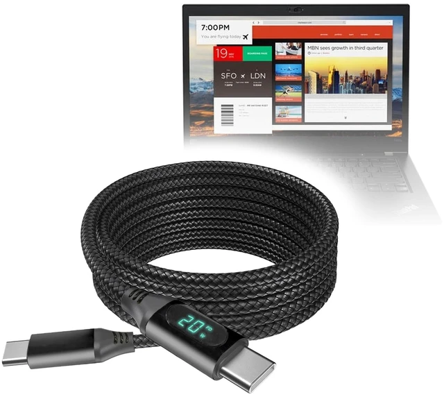 Main image of BoxWave Cable Compatible with Lenovo ThinkPad T480s with Touchscreen (14 in) - PowerDisplay PD Cable (6ft) - USB-C to USB-C (100W), LED Wattage Info Extra Long Braided Nylon - Jet Black