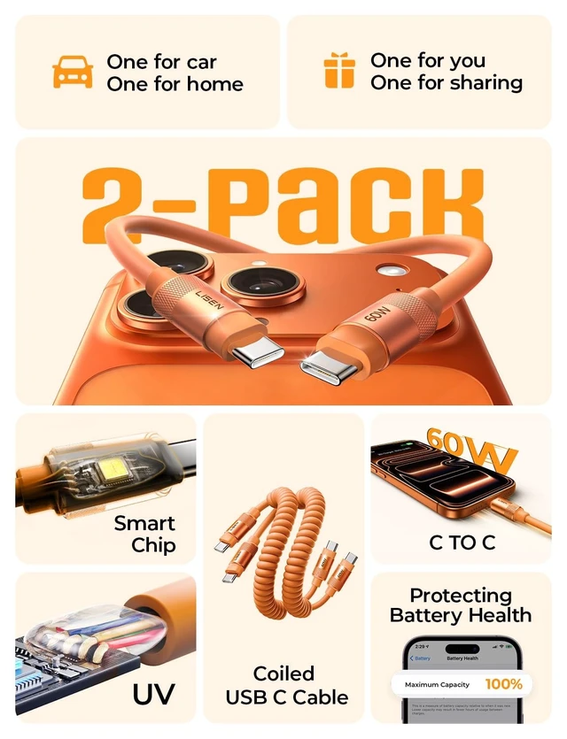 Alt view image 2 of 5 - LISEN Coiled USB C to USB C Cable 2 Pack 60W Fast Charging Cord