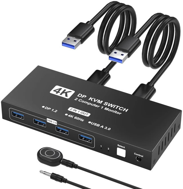 Main image of DisplayPort KVM Switch 1 Monitors 2 Computers, 4K@60Hz USB KVM Switches with 4 USB 3.0 Ports Sharing Keyboard Mouse Printer, Monitors Switch for 2 Computers, Display Port Switcher 2 in 1 Out