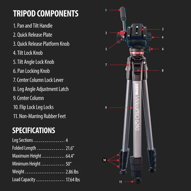 Alt view image 2 of 5 - Sunpak VideoPRO 62" Aluminum Camera Tripod with Phone Mounts & Carry Bag