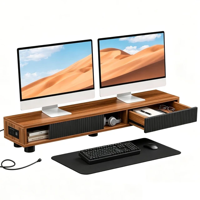 Main image of Artswish Dual Monitor Stand with Power Outlet, 42" Walnut Monitor Riser