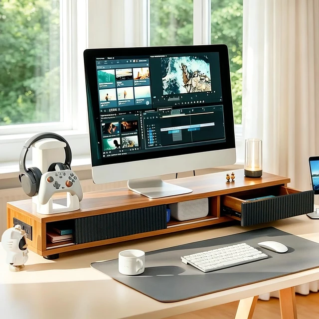 Alt view image 2 of 5 - Artswish Dual Monitor Stand with Power Outlet, 42" Walnut Monitor Riser