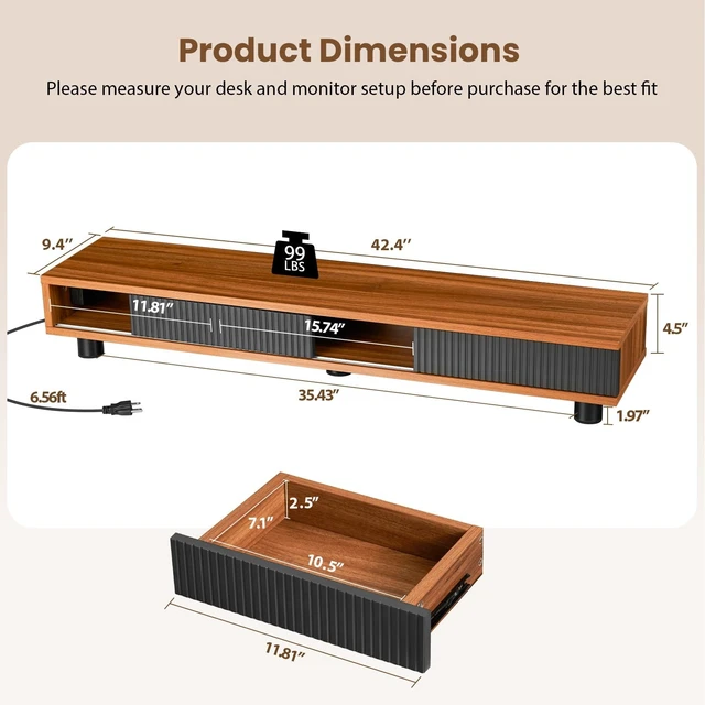Alt view image 3 of 5 - Artswish Dual Monitor Stand with Power Outlet, 42" Walnut Monitor Riser