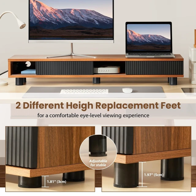 Alt view image 4 of 5 - Artswish Dual Monitor Stand with Power Outlet, 42" Walnut Monitor Riser