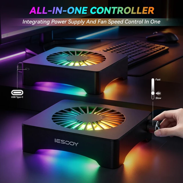 Alt view image 4 of 5 - Iesooy Aluminum Cooling Stand, Quiet 120mm 12V Fan with ARGB Light