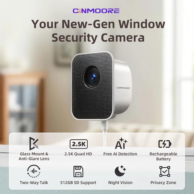 Alt view image 2 of 5 - CINMOORE 2.5K Window Security Camera, No Drill Anti-Glare, Free AI Human/Vehicle/Pet Detection, Color Night Vision, 5000mAh Battery & Wired Dual Power, Indoor-to-Outside, 24/7 Recording