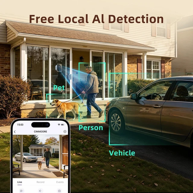 Alt view image 5 of 5 - CINMOORE 2.5K Window Security Camera, No Drill Anti-Glare, Free AI Human/Vehicle/Pet Detection, Color Night Vision, 5000mAh Battery & Wired Dual Power, Indoor-to-Outside, 24/7 Recording