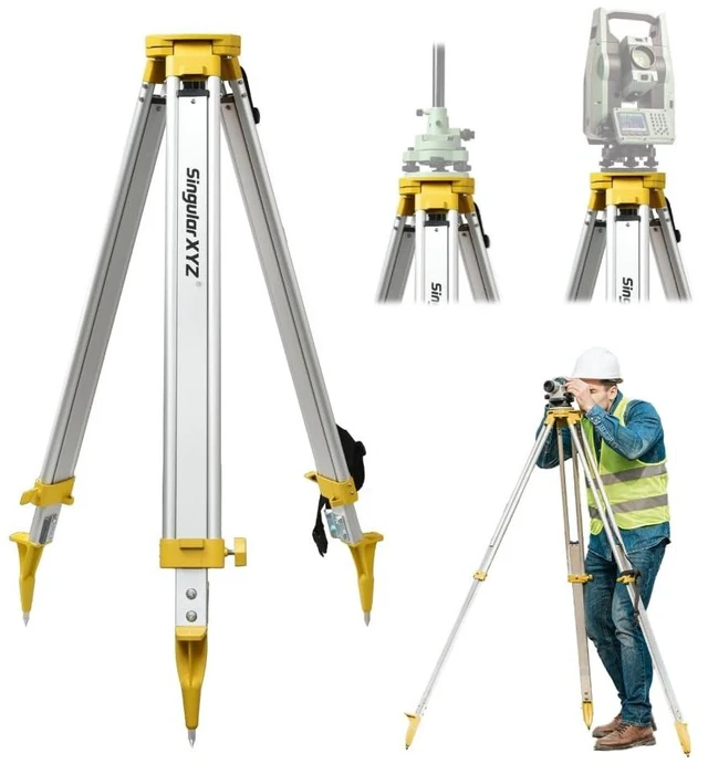 Main image of SingularXYZ Aluminum Surveying Tripod, Heavy Duty Construction Transit Tripod with Quick Clamp, 5/8-Inch-11 Threaded Flat Head for RTK Base Station, Total Station & Laser Level