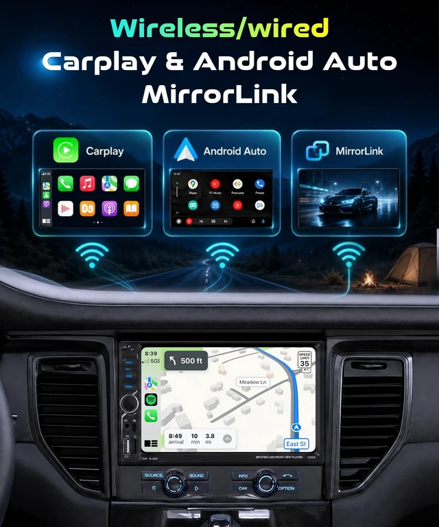 Alt view image 3 of 5 - 7 Inch Double Din Radio with Wireless/Wired CarPlay Android Auto HD Touchscreen MirrorLink FM Radio SWC EQ Bluetooth 5.1 Backup Camera Support DVR Multi-Color Backlit Buttons