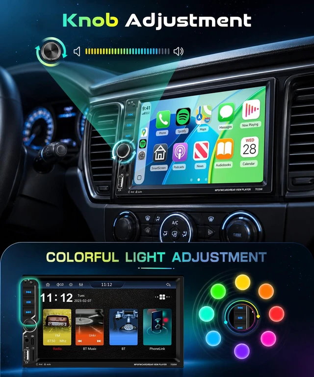 Alt view image 2 of 5 - 7 Inch Double Din Radio with Wireless/Wired CarPlay Android Auto HD Touchscreen MirrorLink FM Radio SWC EQ Bluetooth 5.1 Backup Camera Support DVR Multi-Color Backlit Buttons