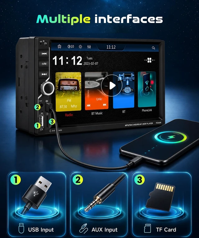Alt view image 5 of 5 - 7 Inch Double Din Radio with Wireless/Wired CarPlay Android Auto HD Touchscreen MirrorLink FM Radio SWC EQ Bluetooth 5.1 Backup Camera Support DVR Multi-Color Backlit Buttons