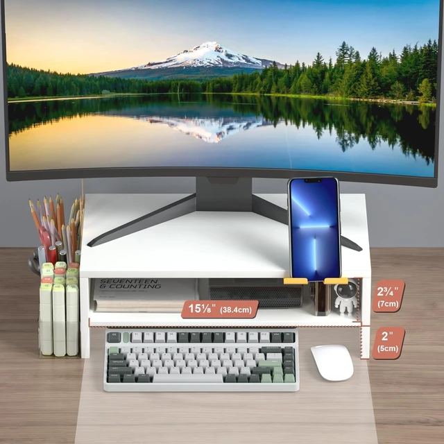 Alt view image 2 of 5 - TEAMIX 2-Tier White Monitor Stand Riser with Phone Holder&Clear Pen Holder