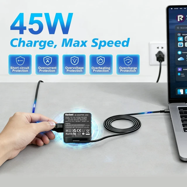 Alt view image 2 of 5 - Varbmt 45W USB C Laptop Charger for Lenovo ThinkPad T14 T14s T15 T16 T480 T480s T490 T490s T495s T570 T580s T590 Acer Chromebook 315 311 CP311 CP315 CB311 CB315 Asus Chromebook Flip C523 C5