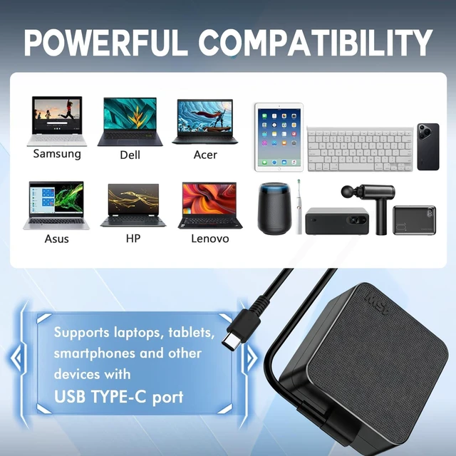 Alt view image 3 of 5 - Varbmt 45W USB C Laptop Charger for Lenovo ThinkPad T14 T14s T15 T16 T480 T480s T490 T490s T495s T570 T580s T590 Acer Chromebook 315 311 CP311 CP315 CB311 CB315 Asus Chromebook Flip C523 C5